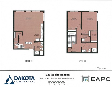 Floor plan for 2 beds, 2 baths, 1420 sqft
